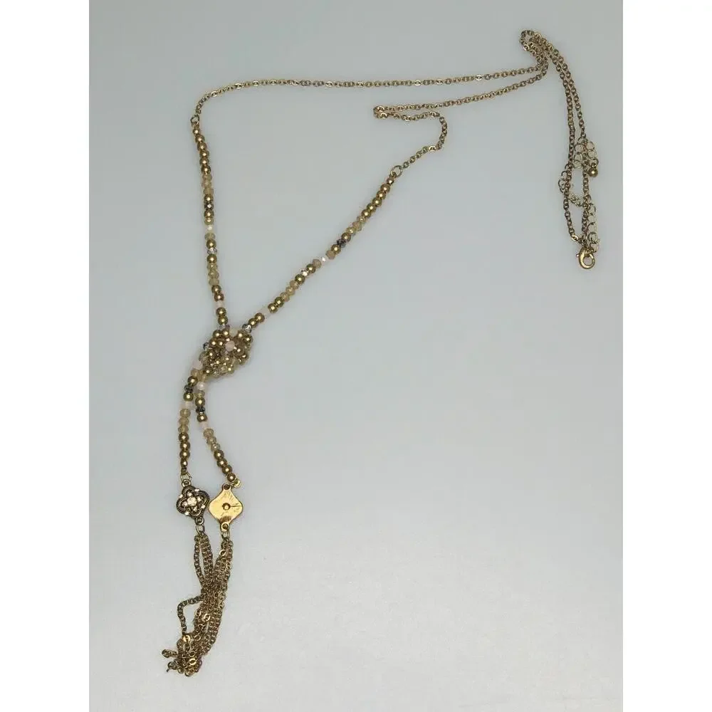 Long Gold Tone Beaded Tassel Necklace with Beaded Knot